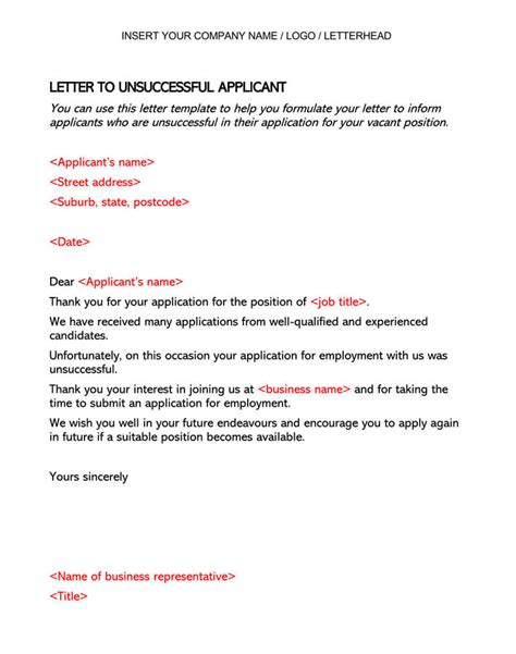 Unsuccessful job applicant letter example